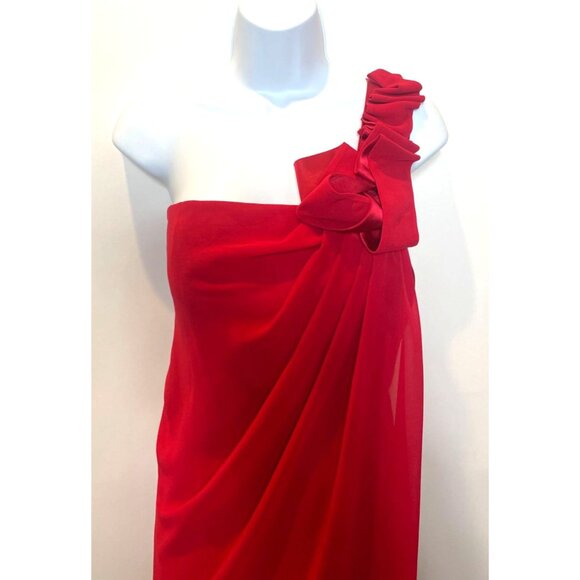 Max & Cleo Crimson Red One Shoulder Dress Ruffle Bow Sheer Overlay Size 10 - Picture 5 of 11